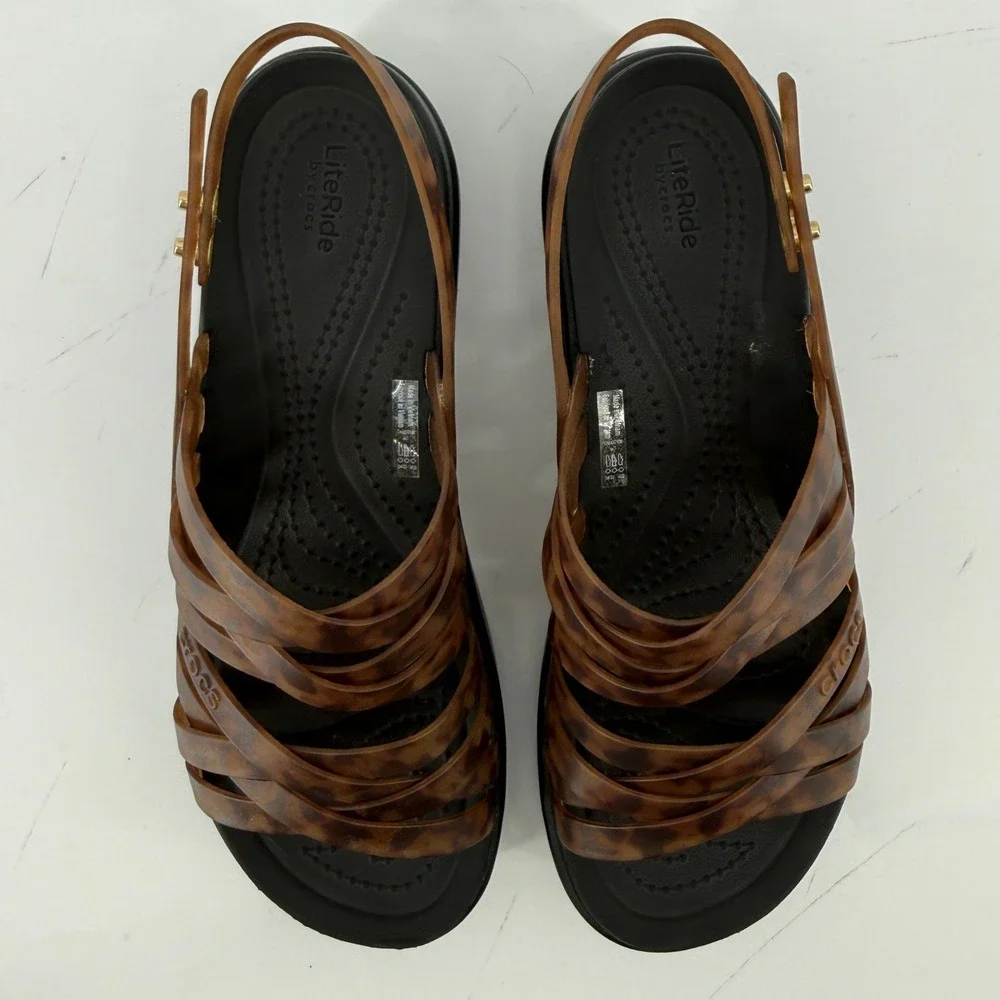 Crocs Brooklyn Strappy Low Wedge Sandal Black Tortoise Women 7 Platform Y2K